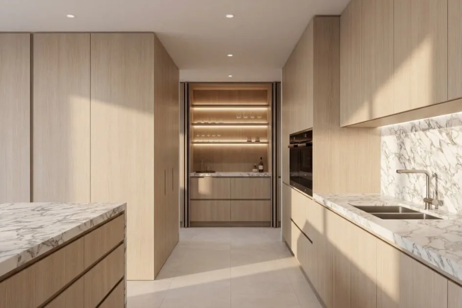 Premium outdoor kitchen with dark marble waterfall island — Townsville